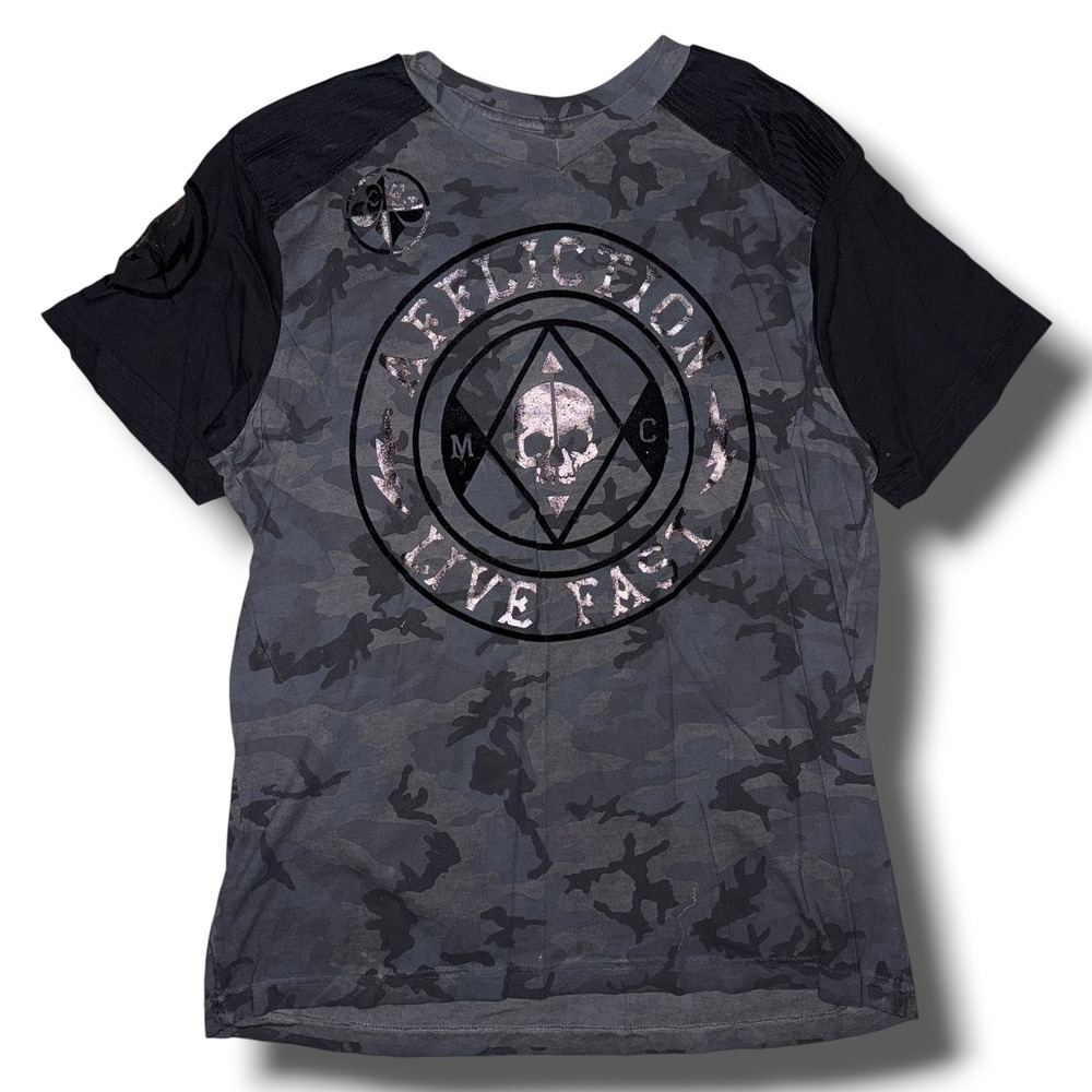 Affliction Live Fast Camo Skull Graphic T-Shirt Mens Large Grey Black Foil MMA